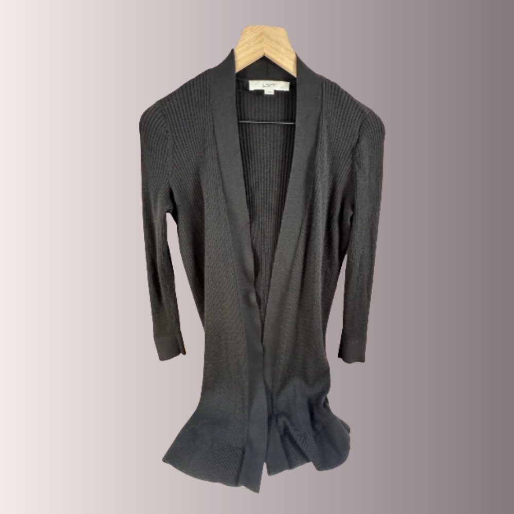 Loft Women's Black Cardigan Knit Sweater Ribbed Open Front Thigh Length SMALL